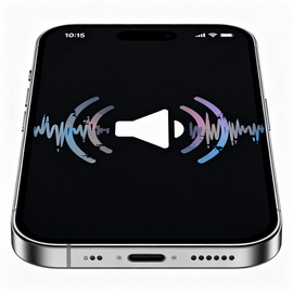 IPhone 15 with audio problems like no speaker sound, crackling distortion, or low volume during calls and media playback, showing blocked speaker grills or faulty earpiece needing cleaning, software reset, or speaker module replacement