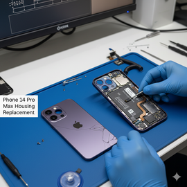 iPhone 14 Pro Max Housing Replacement Showing Back Cover Frame With Camera Lens And Button Slots.