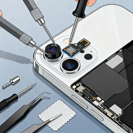Technician Replacing IPhone 14 Front Camera Module with Precision Tools at Apple Repair Center in Dhaka, Bangladesh.