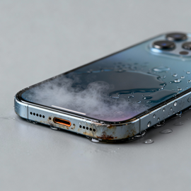 IPhone 14 With Visible Liquid Damage on Screen and Internal Components, Showing Water Exposure and Corrosion Signs.