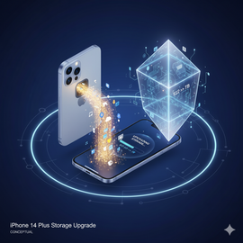 IPhone 14 Plus Storage Upgrade Service Showing Technician Expanding Device Memory Capacity.