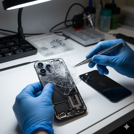 IPhone 14 Pro Back Glass Replacement Showing Rear Panel Repair Process With Genuine Parts.