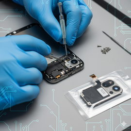 iPhone 14 Pro Front Camera Replacement Image Showing Technician Replacing Front Camera Module On IPhone 14 Pro.