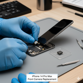 iPhone 14 Pro Max Front Camera Replacement Showing Technician Installing New Front Camera Module On iPhone With Precision Tools.