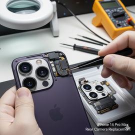 iPhone 14 Pro Max Rear Camera Replacement Showing Technician Installing New Genuine Camera Module.