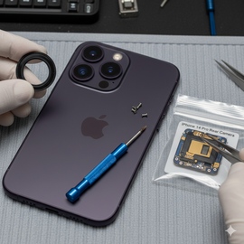IPhone 14 Pro Rear Camera Replacement Service Showing Professional Technician Fixing The Rear Camera Module On A Smartphone.