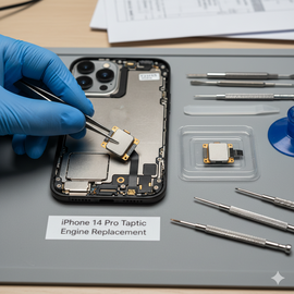 iPhone 14 Pro Taptic Engine Replacement Showing Internal Vibration Motor Component Being Replaced By Technician.