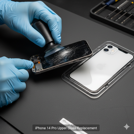 IPhone 14 Pro Upper Glass Replacement Showing Front Screen Repair Process With Technician Handling Device Carefully.