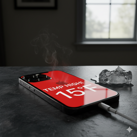 iPhone 14 Temperature High Issues Illustration Showing Overheating Warning On Screen.