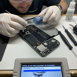 IPhone 15 Pro Max Upper Glass Replacement Showing Damaged Front Panel Being Repaired With Genuine Replacement Glass.