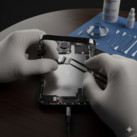 IPhone 16 Front Camera Replacement Showing Technician Carefully Installing New Genuine Camera Module On Device Screen Assembly