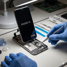 IPhone 16 Loud Speaker Replacement Showing Genuine Speaker Component And Repair Tools On Workbench