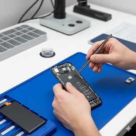 IPhone 16 Pro Max Battery Replacement Service Showing Technician Replacing Genuine Battery Inside Device