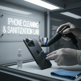 IPhone 16 Pro Max Cleaning Service Showing Professional Technician Polishing And Removing Dust From Device Surface