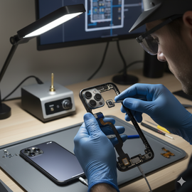 IPhone 16 Pro Max Front Camera Replacement Showing Technician Installing New Camera Module On Device Screen Assembly