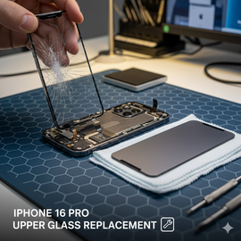 IPhone 16 Pro Upper Glass Replacement Showing Front Screen Repair Process With Precision Tools On A Clean Workbench.