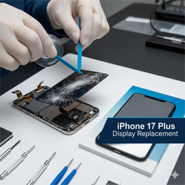 IPhone 17 Plus Display Replacement Showing Front Screen Panel And Repair Tools On White Background.