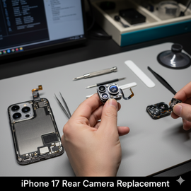 IPhone 17 Rear Camera Replacement Service Showing Technician Replacing Damaged Rear Camera Module With Genuine Part.