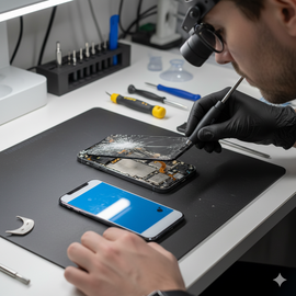 IPhone 17 Upper Glass Replacement Showing Front Screen Repair Process With Genuine Parts.