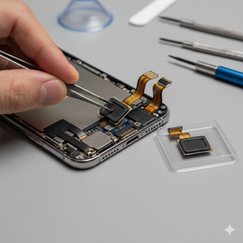 iPhone 14 Plus Ear Speaker Replacement Service Showing Technician Fixing Earpiece Component On Device.