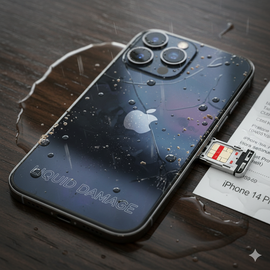 IPhone 14 Pro With Liquid Damage Showing Water Exposure Signs On Screen And Internal Components.