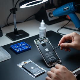 IPhone 15 battery replacement for swollen or fast-draining cells, showing technician removing back glass, disconnecting adhesive pull-tabs or using high-concentration isopropyl alcohol to lift old battery, cleaning residue, and installing new genuine battery with stretch-release adhesive strips.