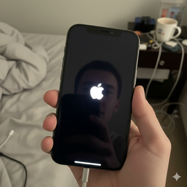 IPhone 15 trapped in boot loop, repeatedly restarting from Apple logo without loading iOS, showing continuous reboot cycle due to software corruption, low battery, or hardware fault like damaged flex cable needing force restart, recovery mode, or logic board repair.