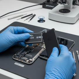 IPhone 15 Pro Battery Replacement Service Image Showing Technician Replacing Battery Inside IPhone 15 Pro Device.