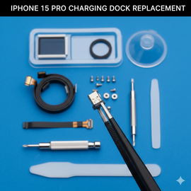 IPhone 15 Pro Charging Dock Replacement Showing Genuine Connector Port And Repair Components.