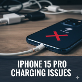 IPhone 15 Pro Charging Issues Showing Device Not Charging Properly On Desk.