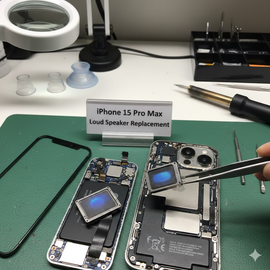 iPhone 15 Pro Max Loud Speaker Replacement Showing Professional Repair Process With Genuine Parts.