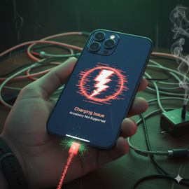 IPhone 16 Plus Charging Issues Illustration Showing Cable Connection Problem And Battery Indicator Warning