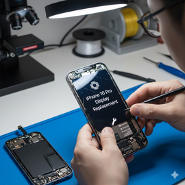 IPhone 16 Pro Display Replacement Showing Technician Installing New Screen On Smartphone.