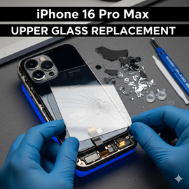 IPhone 16 Pro Max Upper Glass Replacement Showing Front Screen Repair Process With Genuine Glass Panel Installation>