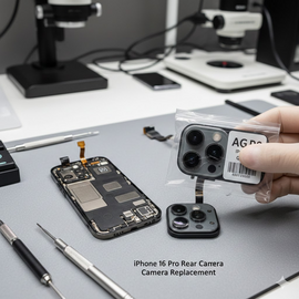 IPhone 16 Pro Rear Camera Replacement Showing Professional Repair Service With Genuine Camera Module Installation.