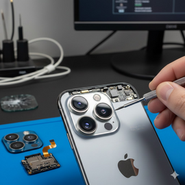 IPhone 17 Plus Rear Camera Replacement Service Image Showing Professional Technician Replacing Damaged Camera Module With Genuine Apple Parts.