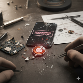 IPhone 17 Pro on a white background showing missing vibration and weak haptic feedback, symbolizing Taptic Engine malfunction and touch response issues.