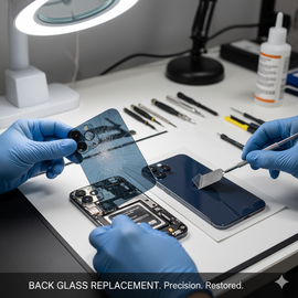 Technician replacing the shattered back glass on an IPhone 17 Pro, heating the adhesive, using a suction cup to lift the old panel with wireless charging coil attached, and installing a new back glass with fresh double-sided tape for water resistance restoration.