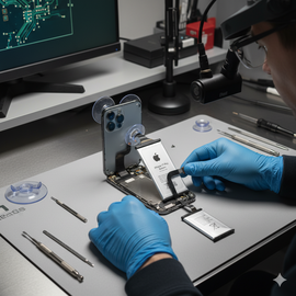 Technician replacing the swollen or drained battery in an IPhone 17 Pro, disconnecting the adhesive with a 9V battery clip for 90 seconds, lifting the old battery pack, cleaning residue with isopropyl alcohol, and installing a new battery with fresh stretch-release adhesive strips.