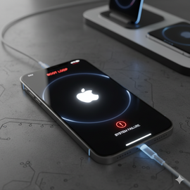 IPhone 17 Pro trapped in a boot loop, repeatedly restarting from the Apple logo screen without fully loading iOS, indicating a software glitch, low battery, or hardware fault like a damaged flex cable that requires force restart, recovery mode, or repair