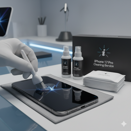 IPhone 17 Pro undergoing professional cleaning service at Apple Center Bangladesh, with technician removing dust, lint, and debris from ports, speakers, and internals using compressed air, soft brushes, and isopropyl alcohol to restore performance and prevent further issues.