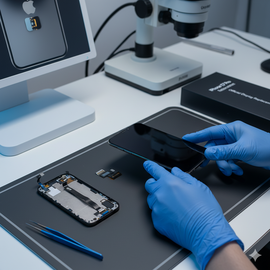 IPhone 17 Pro with cracked or dead display requiring full screen replacement, showing technician heating the adhesive, prying off the old OLED assembly with suction tools, disconnecting flex cables, and installing a new genuine display module with pre-applied adhesive for perfect fit and touch response.