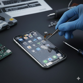 IPhone 17 Pro earpiece speaker replacement for no sound during calls, showing technician removing the front display assembly, detaching the old ear speaker flex from the frame, cleaning the slot, and installing a new genuine earpiece module with adhesive for clear call audio restoration.