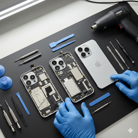 Technician replacing the damaged back housing and frame of an IPhone 17 Pro, with the phone fully disassembled to swap the rear glass, metal chassis, and side buttons, preparing the device for reassembly with new adhesive and sealing