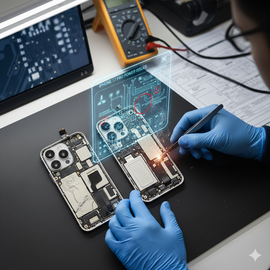 IPhone 17 Pro not powering on or randomly shutting down, showing a black screen while connected to a charger, illustrating power and boot issues that may require force restart, battery check, or hardware repair