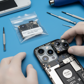 Technician replacing the rear triple‑camera module on an IPhone 17 Pro, with the back camera unit removed from the chassis and a new genuine replacement module ready for installation to fix blurry, shaking, or non‑working back camera.