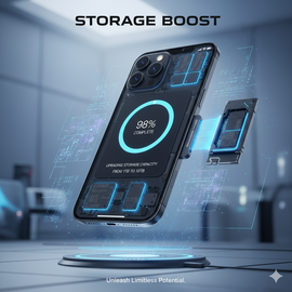 Technician performing an advanced storage upgrade on an IPhone 17 Pro, with the logic board exposed and the original NAND flash chip being replaced by a higher‑capacity module to increase internal storage from 256GB to 512GB or more