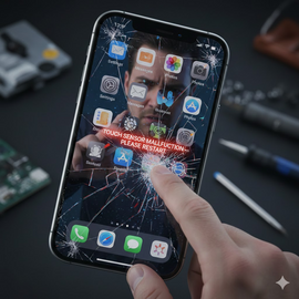 IPhone 17 Pro with unresponsive or ghost touch screen issues, showing erratic cursor movement, missed taps, or multi-touch failure due to damaged flex cable, digitizer fault, or software glitch needing screen recalibration, flex replacement, or full display assembly swap.