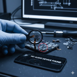 Technician Diagnosing Audio Issue on an IPhone 14, Checking Speaker and Microphone Functionality at a Repair Desk.