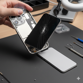 iPhone 14 Pro Display Replacement Showing A Technician Replacing The Screen With A New Original Display Panel.